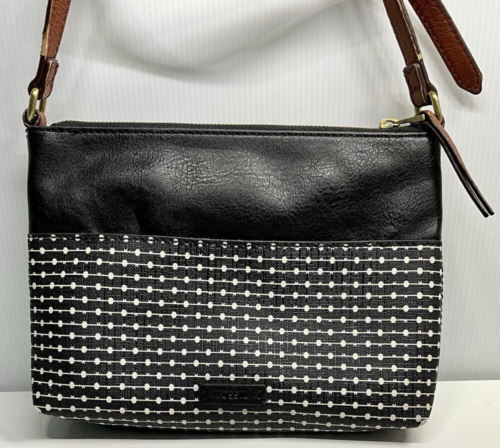 Fossil Fiona Striped Crossbody Bag Purse Handbag Black White Brown With Key